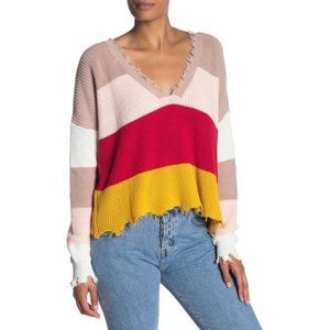 Fate Color Block Distressed Sweater